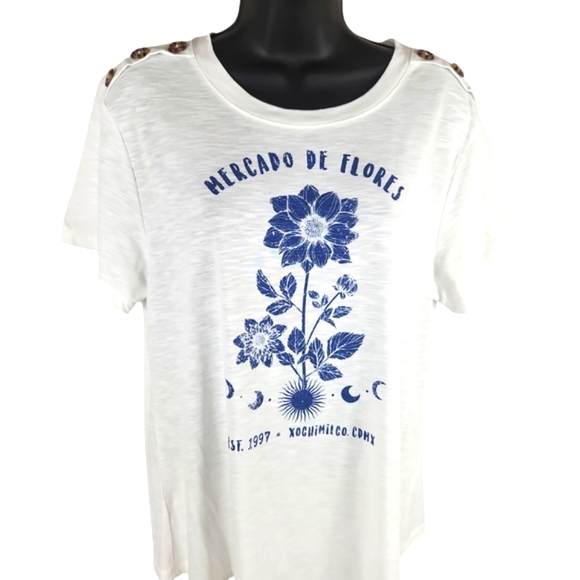 Trueselfs, Women's White Tee w/blue writing on the front of shirt and buttons!!! - Picture 1 of 8